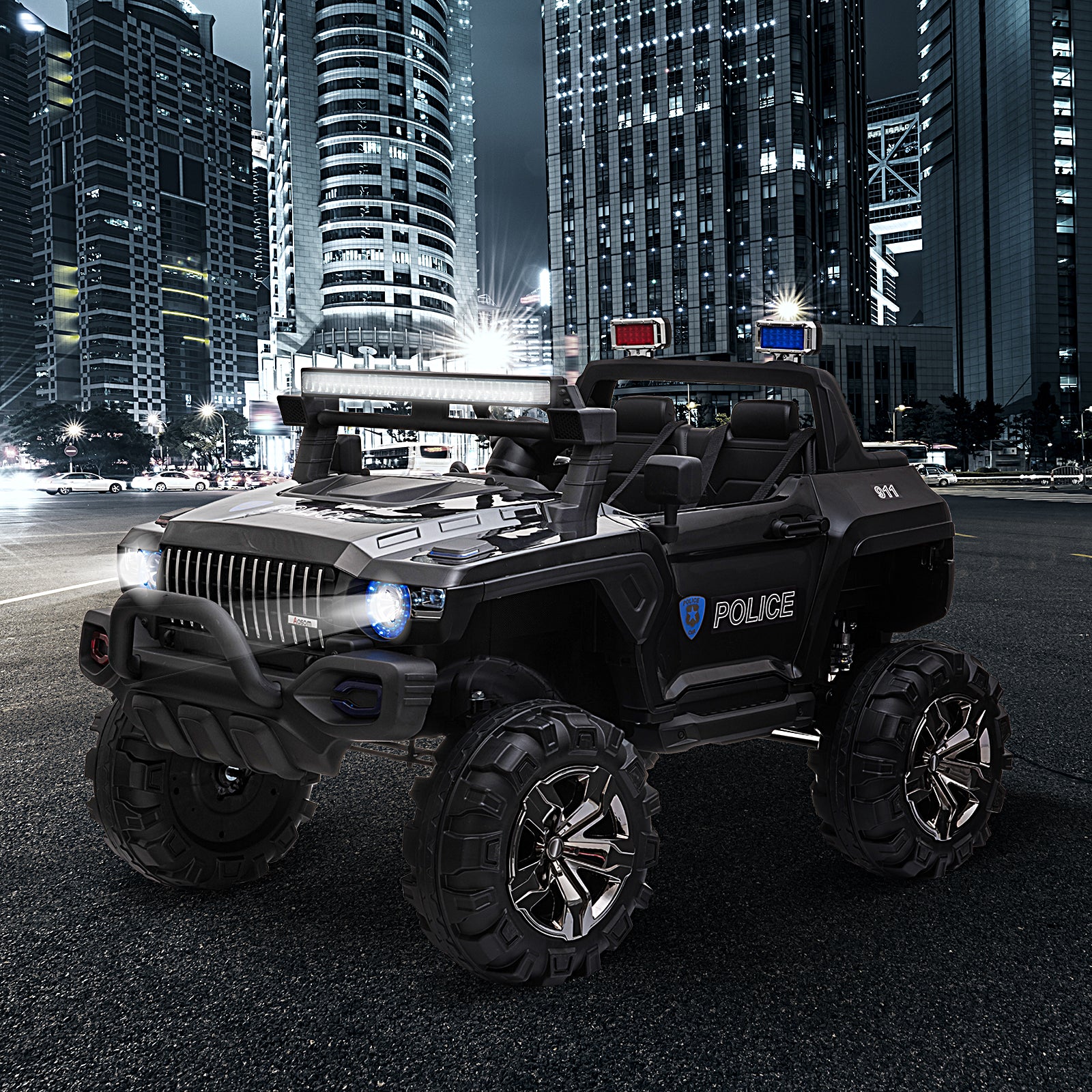 Kids Ride-On Car 12V RC 2-Seater Police Truck Electric Car For Kids with Full LED Lights