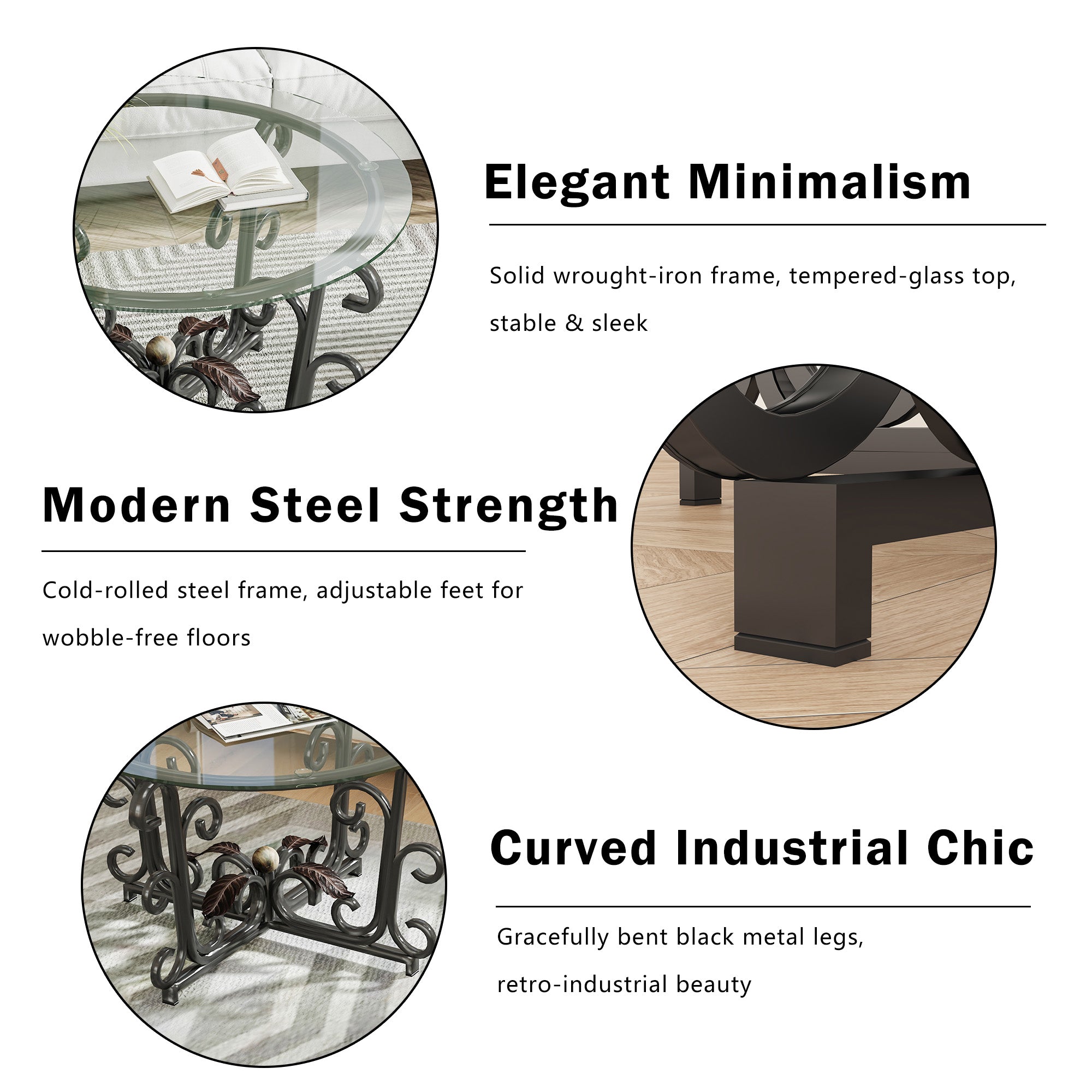 3-Piece Coffee Table Set, Tempered Glass Surface With Sturdy Metal Frame Modern Living Room Sets 1 Coffee Table & 2 End Tables