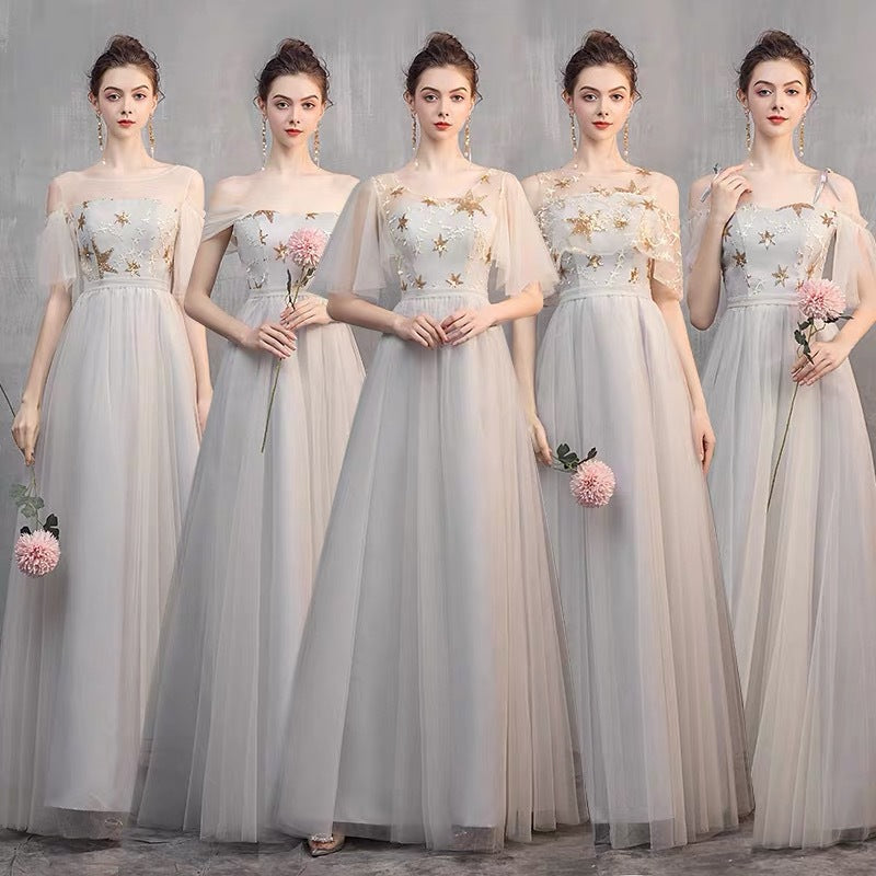 Champagne Gray Off-Shoulder Slim-Fit Bridesmaid Dress