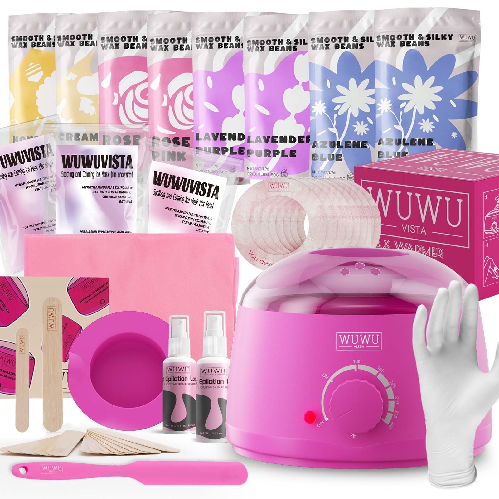 Waxing Kit WUWUVISTA 69 Items Hair Removal Wax Kit With Wax Warmer Waxing Beads For Face, Brazilian, Full Body, Bikini, Sensitiive Skin Skin Suitable For Plugs Of American, European Specification