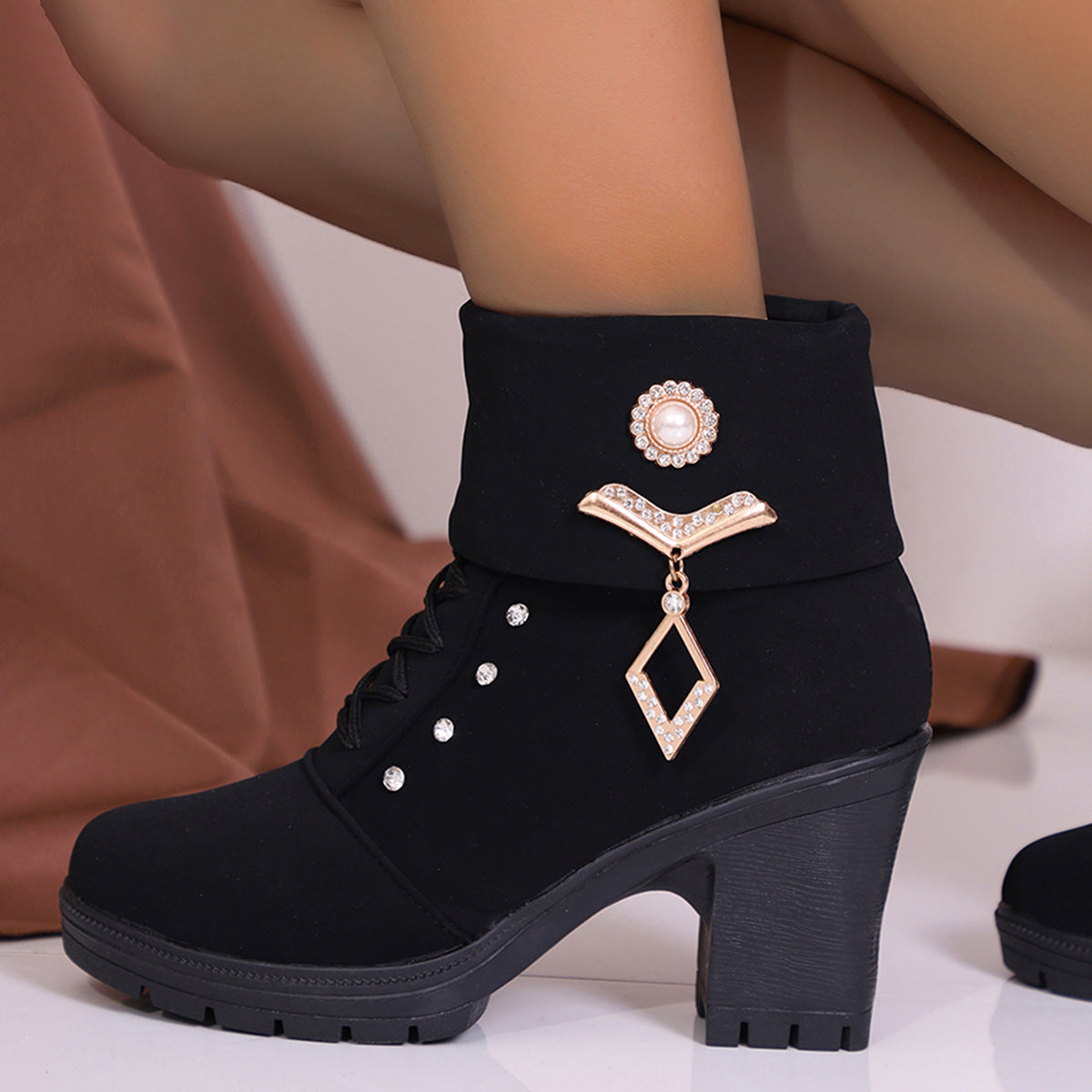 Plus Size Martin Boots Rhinestone High-Heeled Cotton Boots