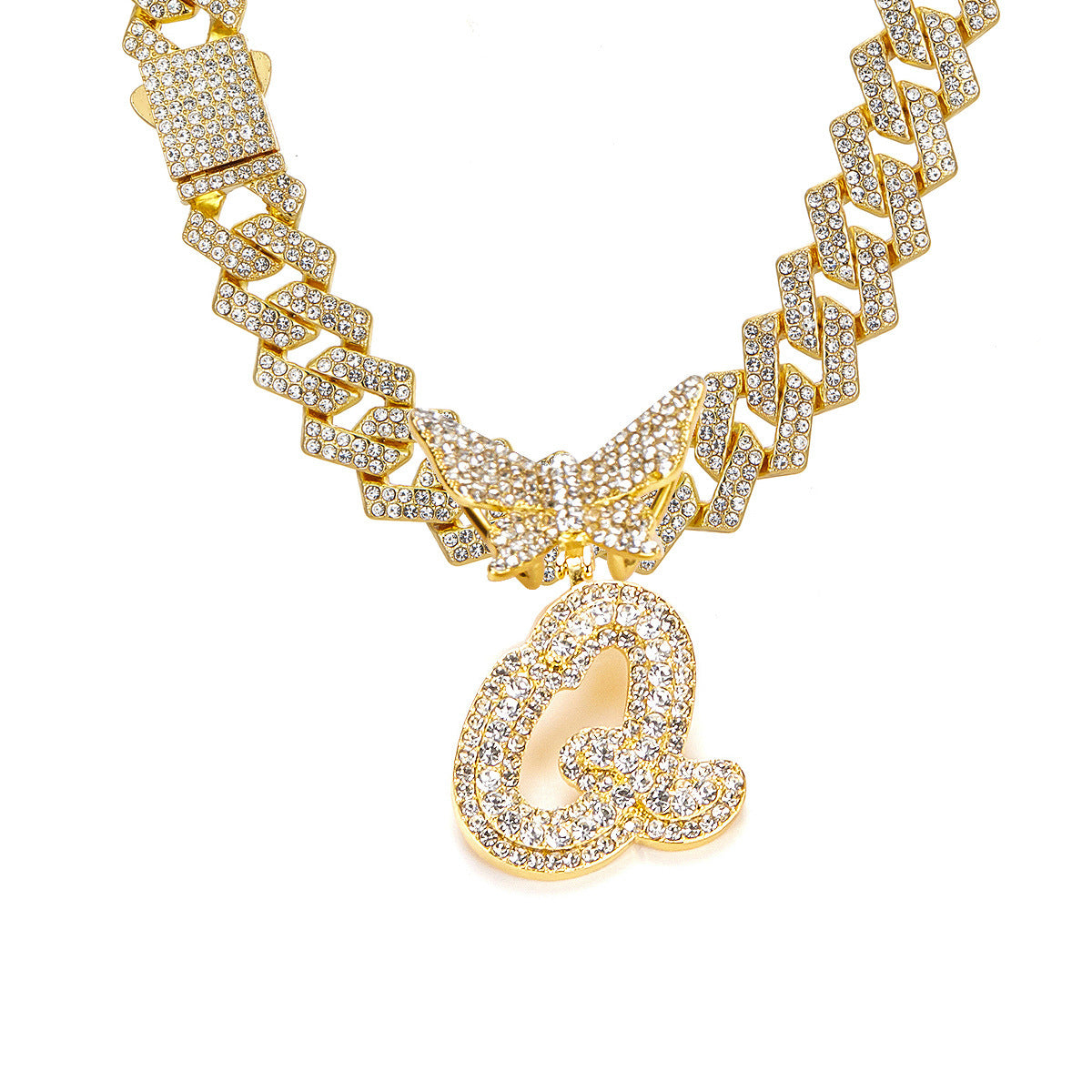 English Letter Alloy Rhinestone Pendant Necklace Butterfly