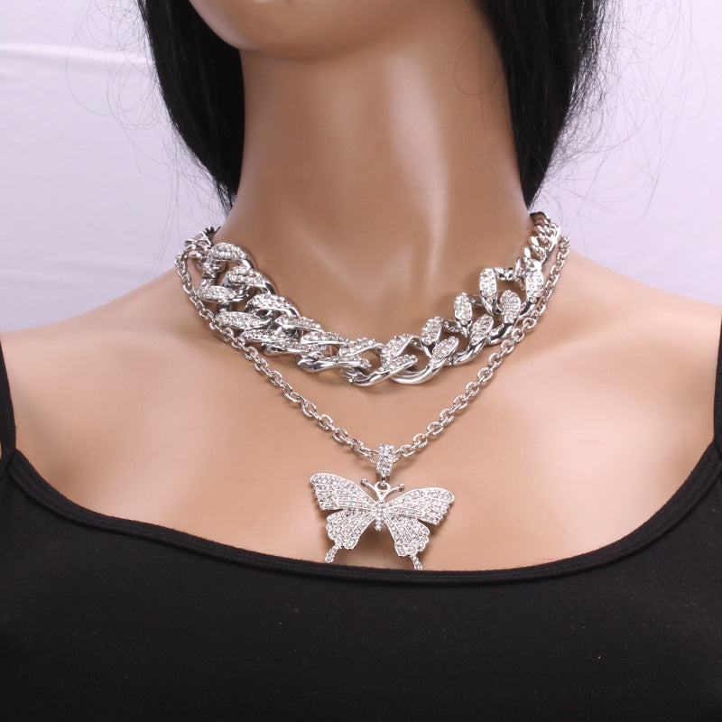 Fashion Diamond Cuban Chain Big Butterfly Necklace