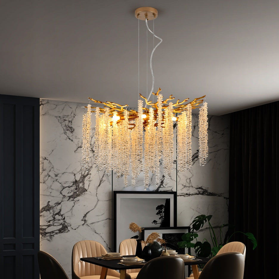 24-inch Modern Golden Pendant Light With Cascading Crystal Strands, Ideal For Living Room, Dining Room And Foyer, High-End Decorative Lighting Fixture Bulb Not Included
