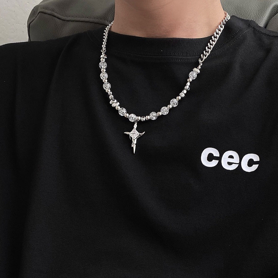 Irregular Cross Necklace Ice Crack Beads Titanium Steel