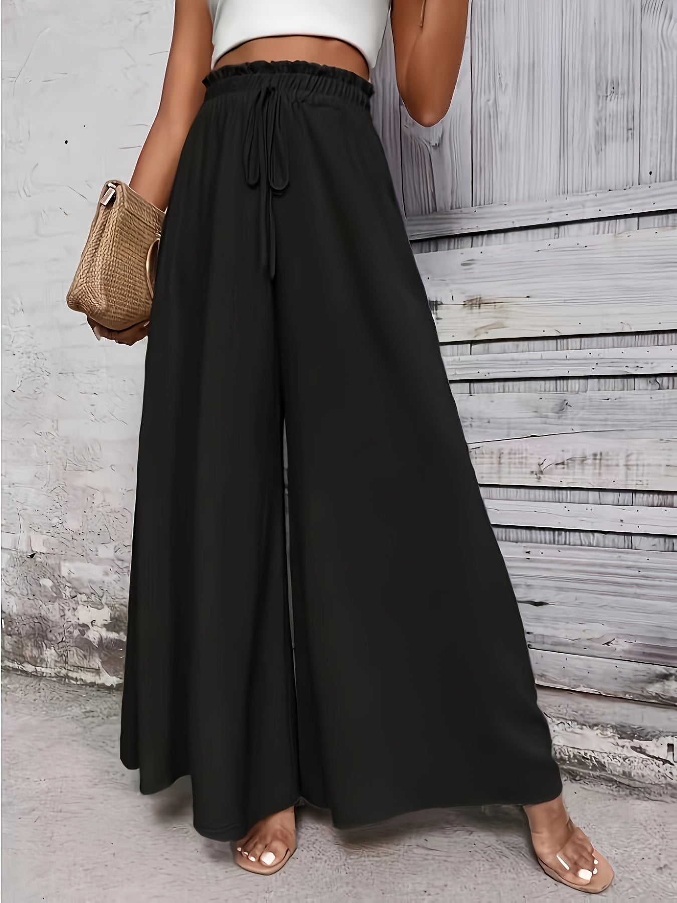 Ladies Plus Size Casual Pants Elastic Waist Wide-Leg Pants