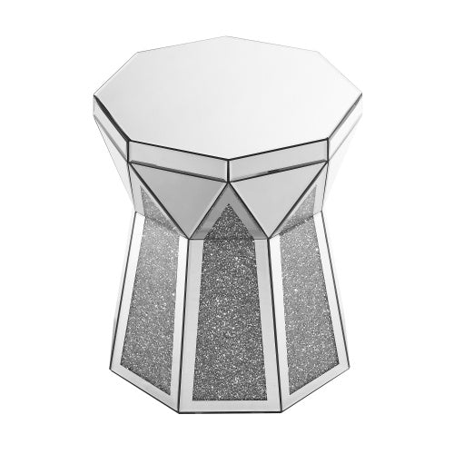 Drum Style Coffee Table With Mirror Crystal Inlay, Polygonal Silver Decorative Table, Modern Design Luxury Modern Furniture, 20 Inch About 50 Centimeters Low Coffee Table, Suitable For Living Room