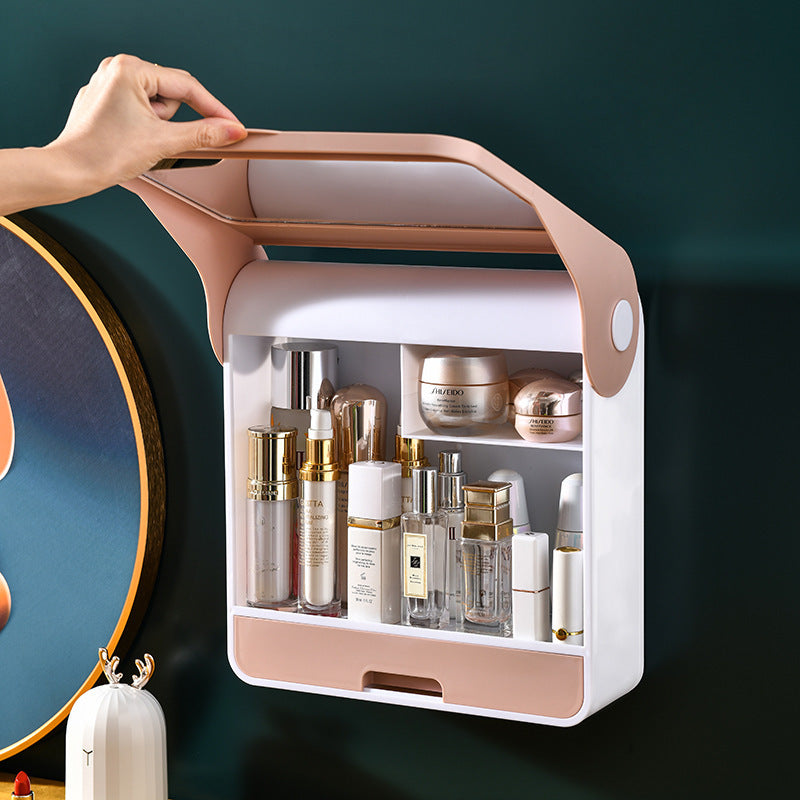 Plastic Cosmetic Storage Box Wall-Mounted Storage Rack With Mirror