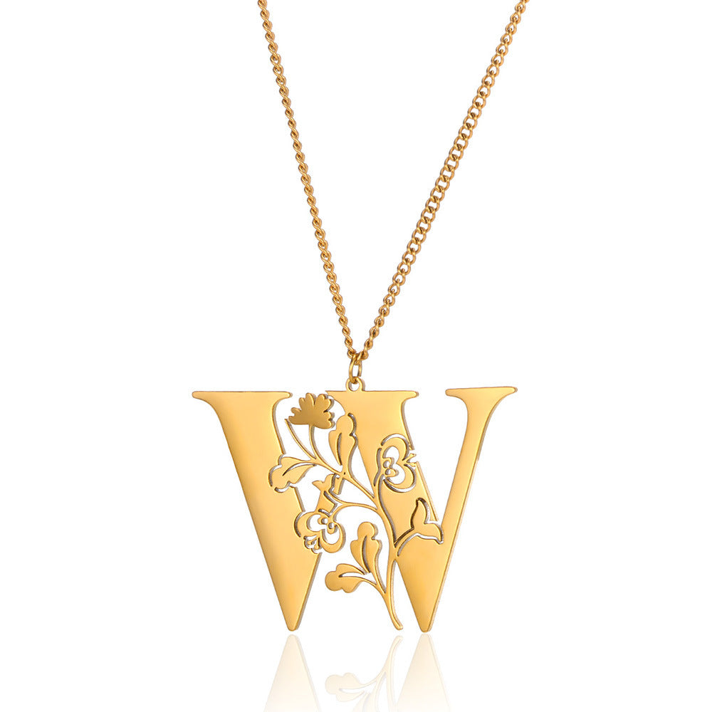 Stainless Steel 26 English Flower Letter Necklace