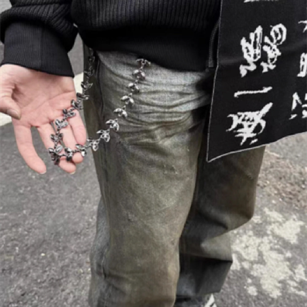 Black Vine Silver Gem Phants Zipper Men's Denim Waist Chain