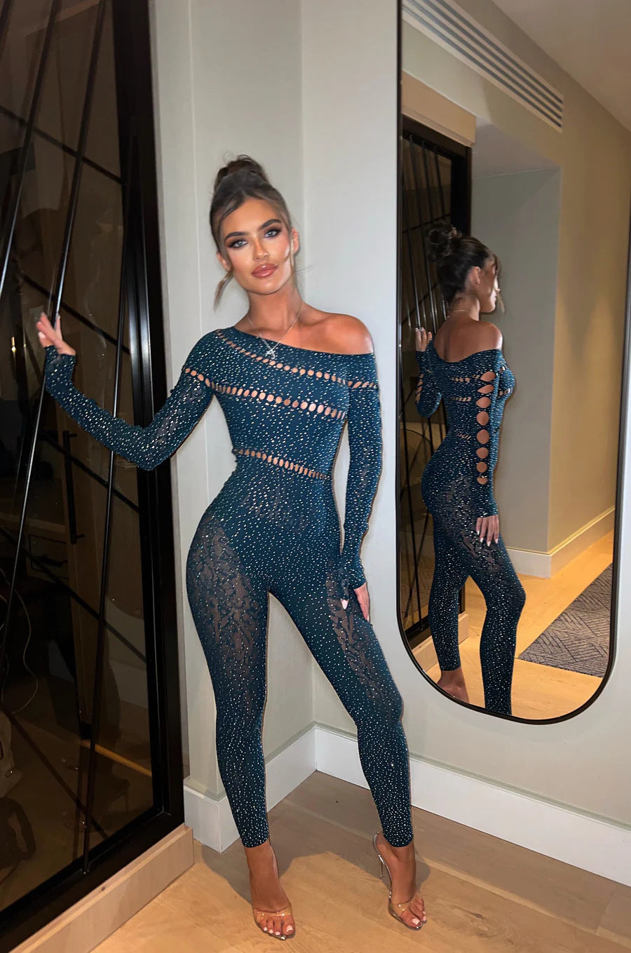 One-Piece Long Sleeves Hot Rhinestone Shiny Fishnet Clothes Sexy Lingerie