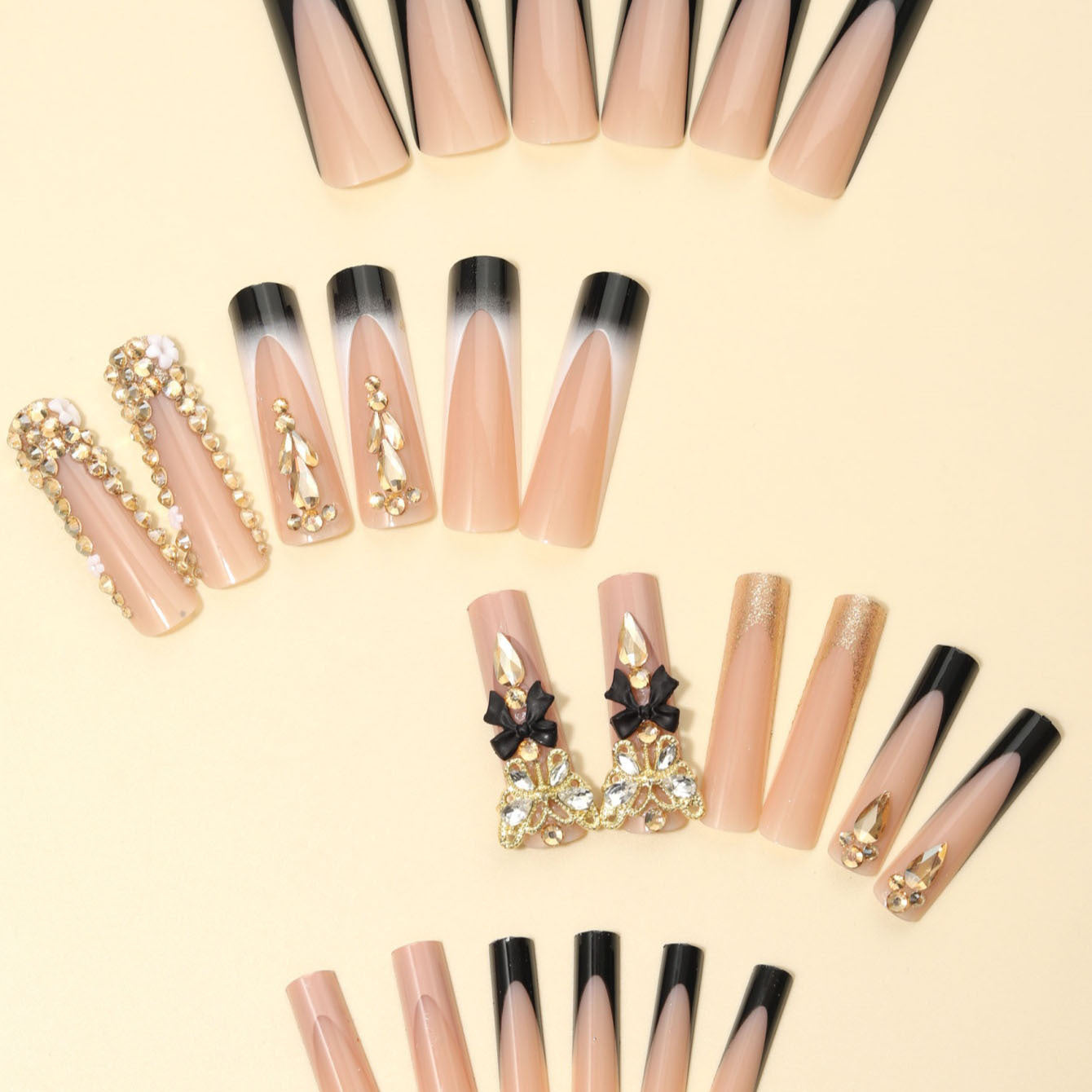 Rectangular Black French-Style Three-Dimensional Butterfly Detachable Fake Nails