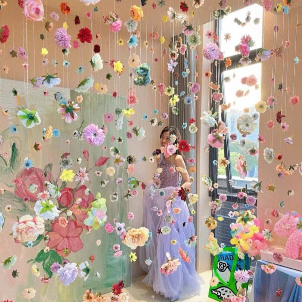 Suspended Flower Door Curtain Environment Creation Photo Punch-In Artificial Flower Curtain Petal Rain Waterfall Flower Scene Layout Decoration