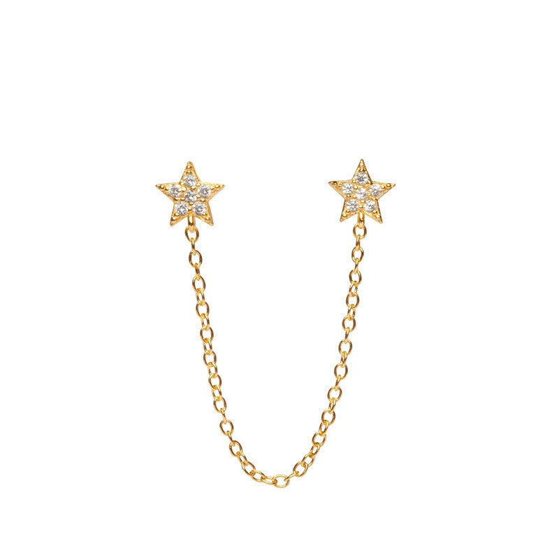 Sterling Silver Pentagram Diamond Chain Tassel Stud Earrings