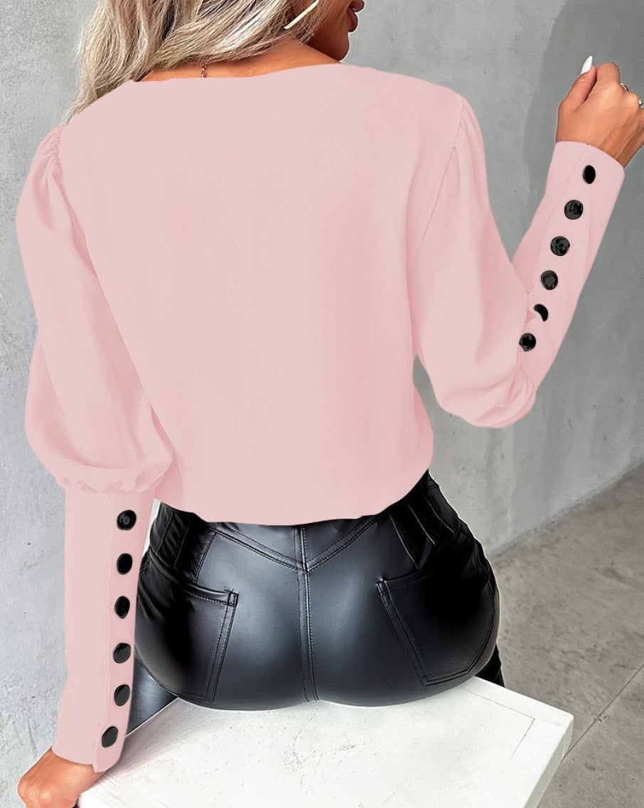 Fashion V-Neck Long Sleeve Blouse With Button Design Commuter Leisure Solid Shirt Top Womens Clothing