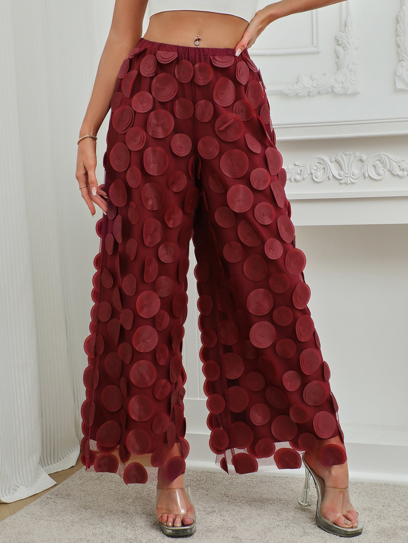 Fashionable Temperament Round Piece Design Tassel Hollowing High Waist Straight Ladies Pants