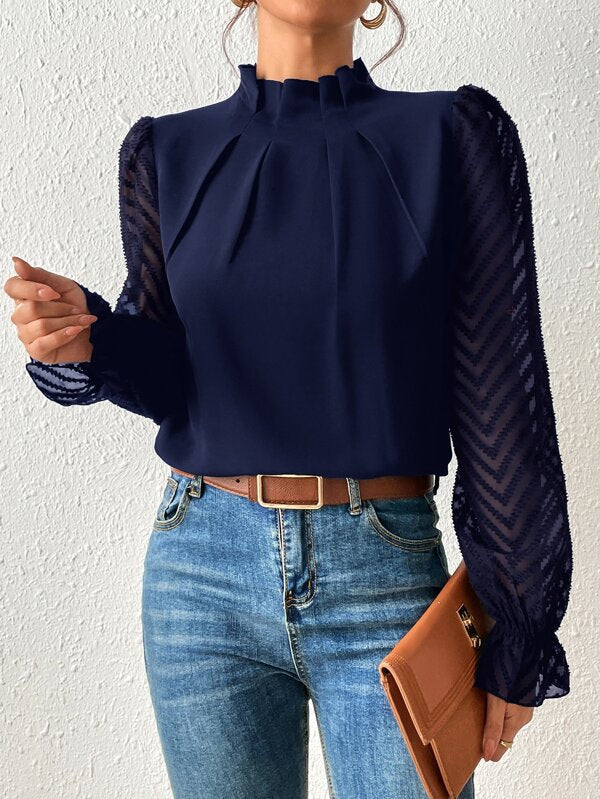 Women's Half-Turtleneck Stitching Wavy Chiffon Long-Sleeved Top