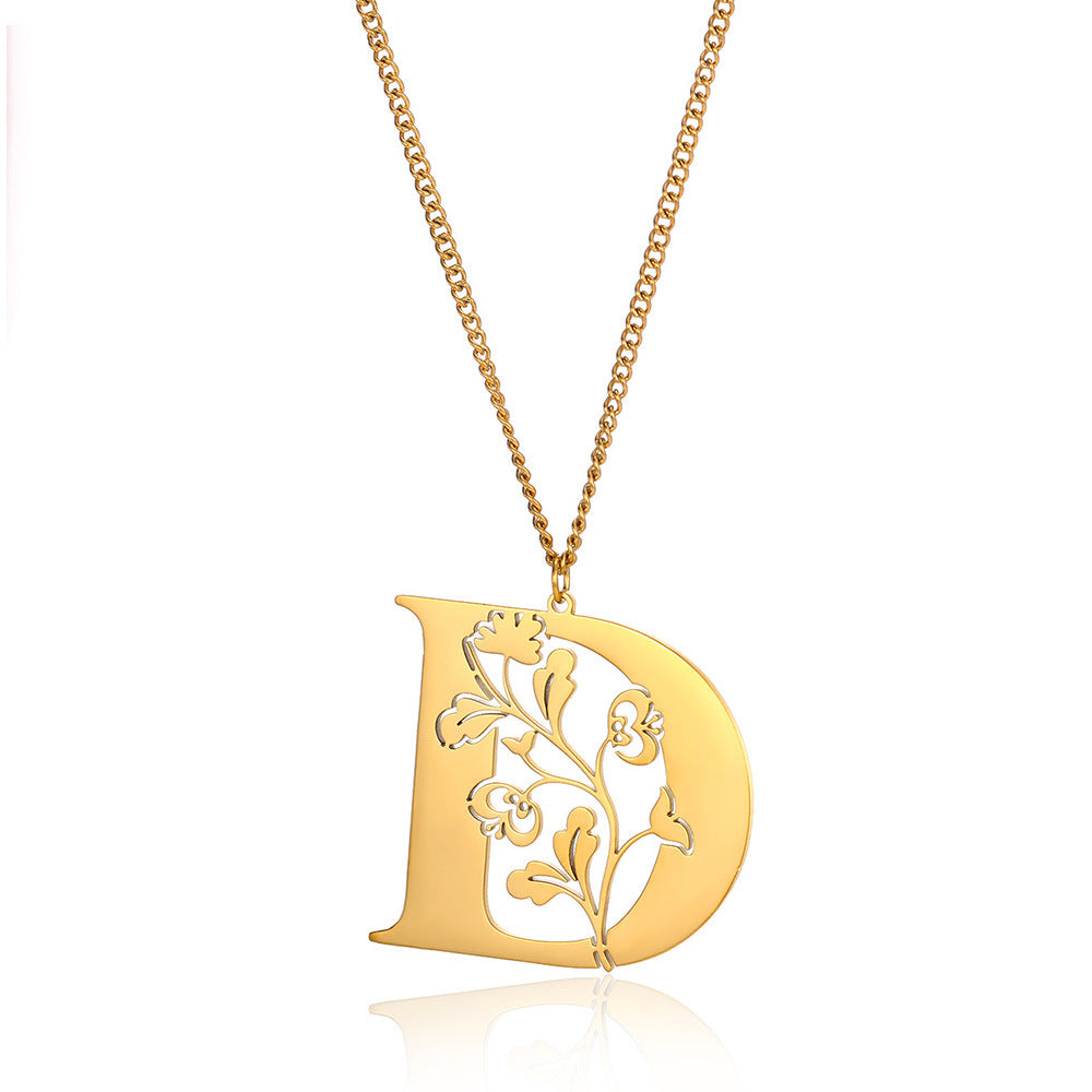 Stainless Steel 26 English Flower Letter Necklace