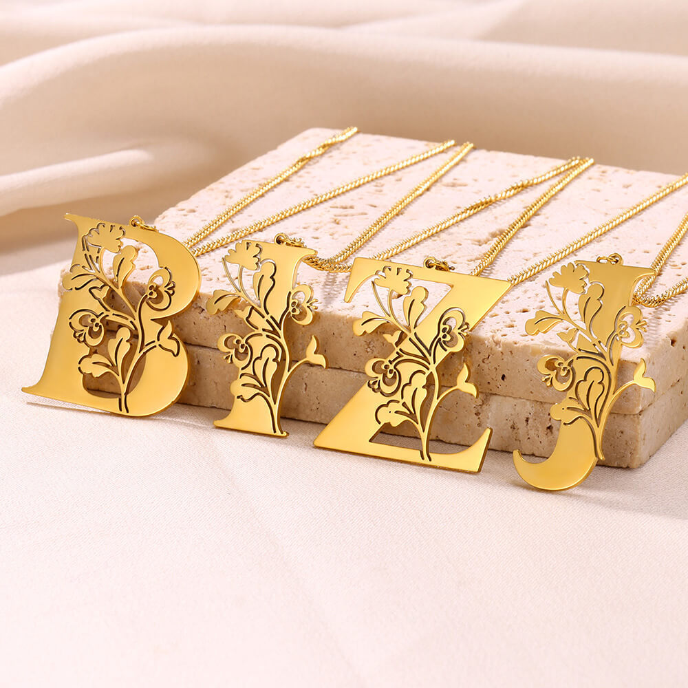 Stainless Steel 26 English Flower Letter Necklace