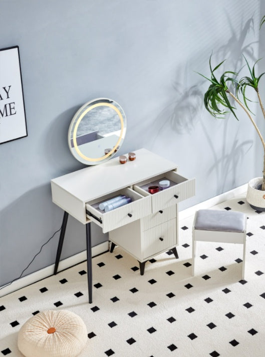 Fluted Makeup Vanity Desk With Round LED Mirror And Lights, Modern Glass Top Big Vanity Table With 4 Drawers Adjustable Shelves