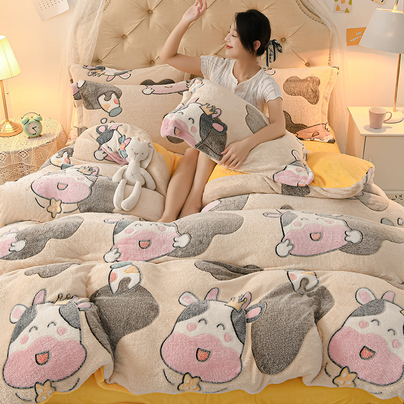 Coral Velvet Sheet Duvet Cover Double Sided Plus Velvet Thick Bedding Set