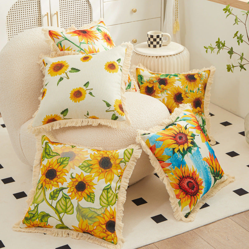 Tassel Sunflower Linen Printed Pillowcase Home Bedroom Bedside Soft Upholstery Pillow Home Couch