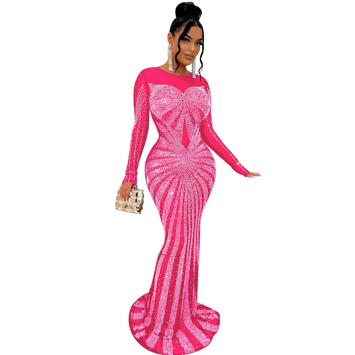 Women's Solid Color Mesh See-through Hot Drill Long-Sleeved Long Dress