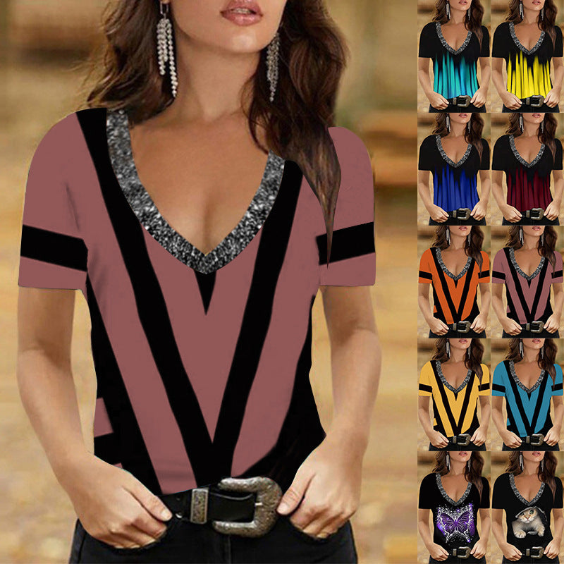 Printed V Neck Short Sleeve Top Summer