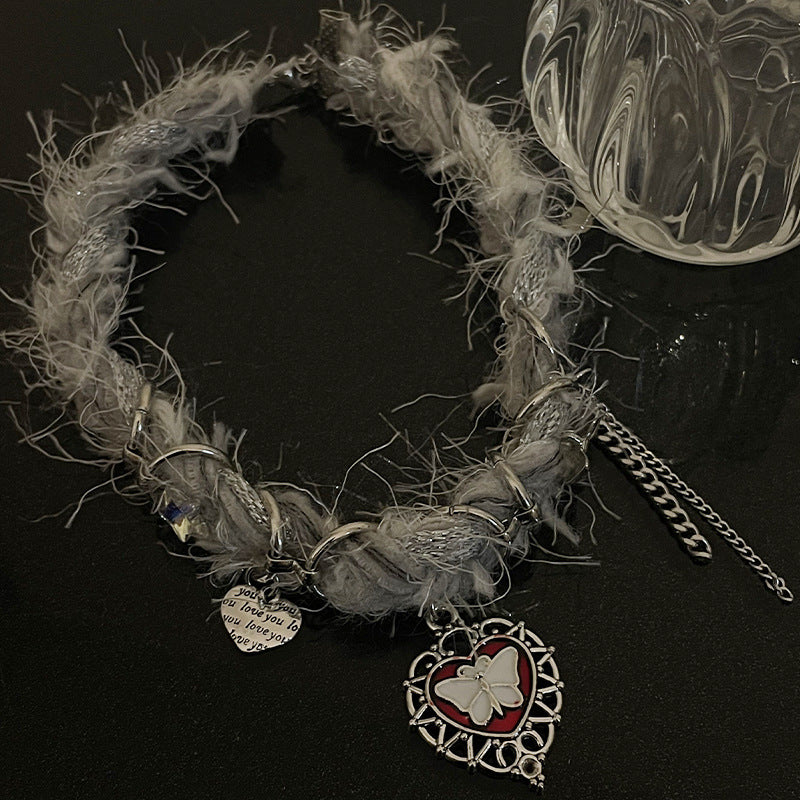 Heart Butterfly Tassel Plush Choker Necklace