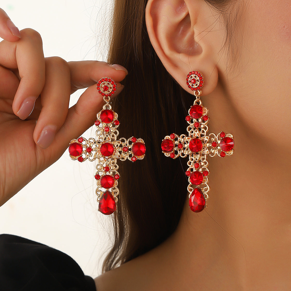 1 Pair Gothic Vintage Black Crystal Cross Drop Earrings, Punk Style Zinc Alloy Jewelry