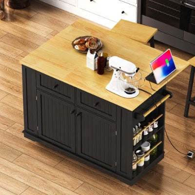 Large Kitchen Island With 2 Bar Stools, Power Outlet, Door Internal Storage Rack, Kitchen Storage Cart On 5 Wheels With Drop Leaf, 5 Open Side Racks, 2 Drawers,for Kitchen,Dining Room