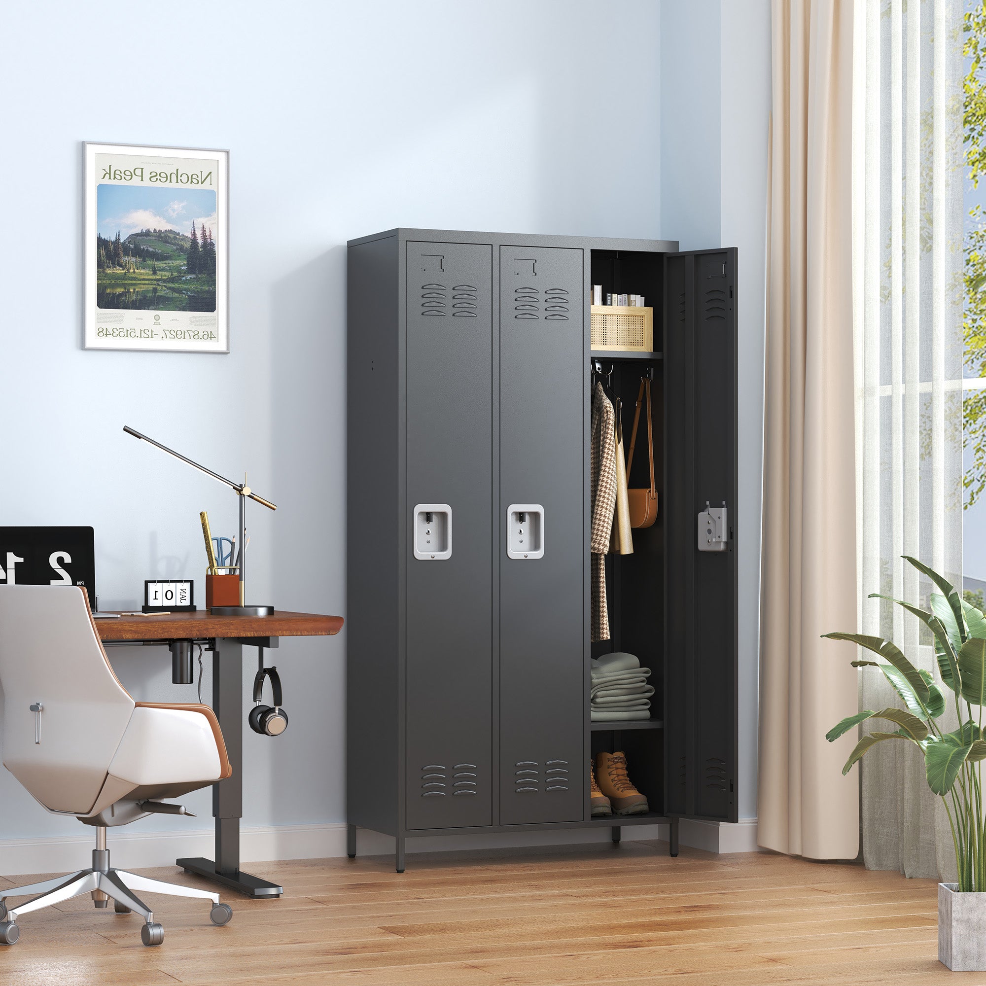 3 Door Metal Lockers With Lock For Employees,Storage Locker Cabinet For Home Gym Office School Garage,Black