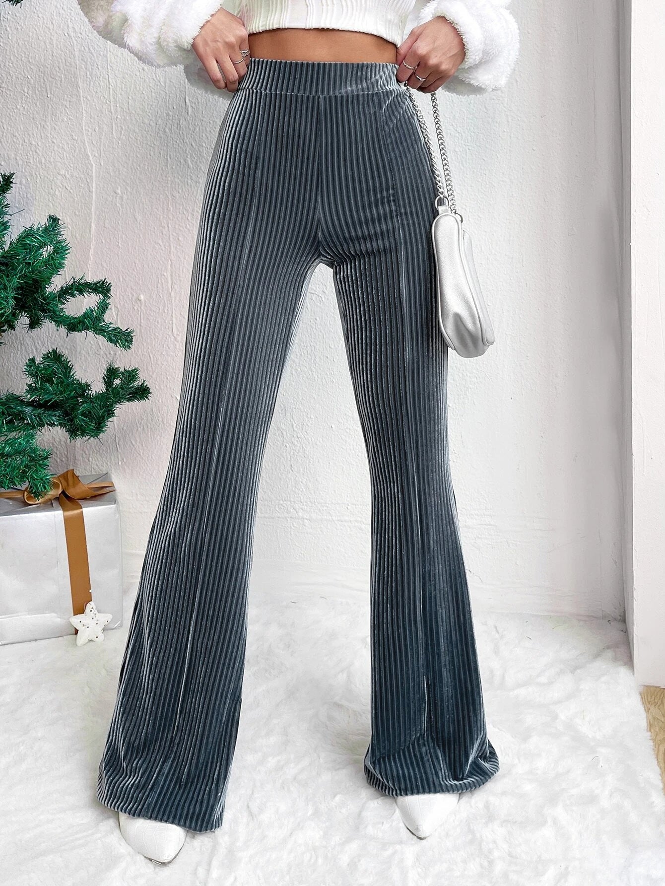 High Waist Lamp Wick Corduroy Bell-Bottom Pants Wide Leg Women