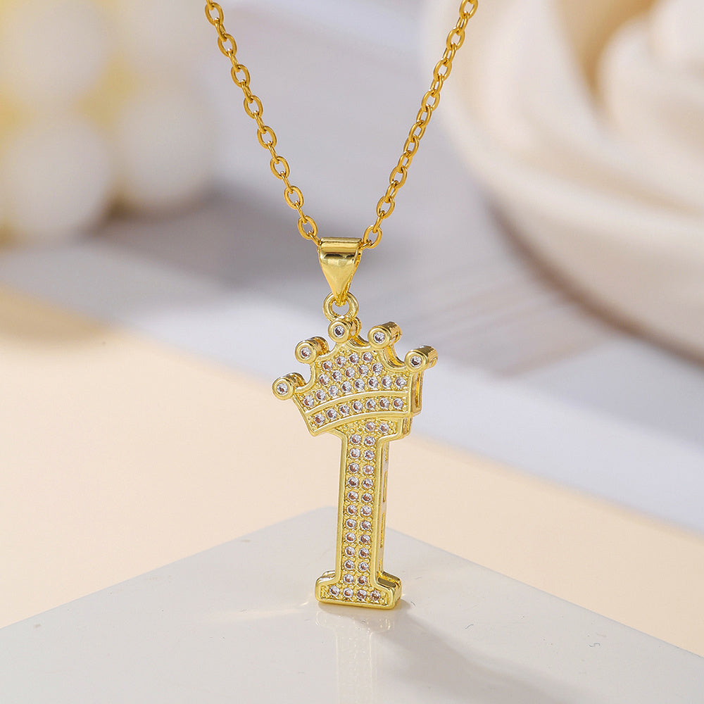 1PCS Fashionable Gold Diamond Crown Uppercase Letter Popular Pendant Necklace, Suitable For Daily Use, Festivals, Parties, Gifts Jewelry Set