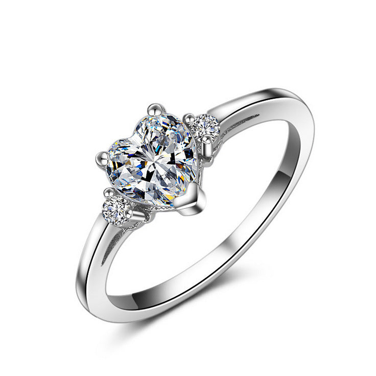Heart-Shaped Diamond and Zircon White Gold Plated Wedding Ring