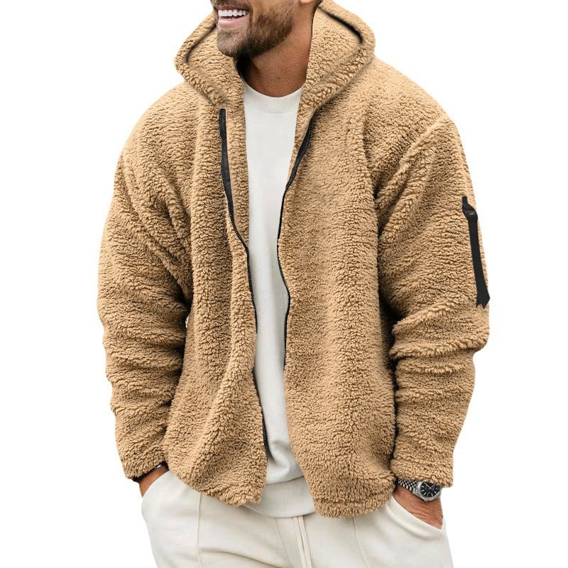 Plush Hooded Jacket Men's Autumn And Winter Fleece Double-Sided Wear Warm Coat With Zipper Loose Casual Jacket Outdoor Clothing