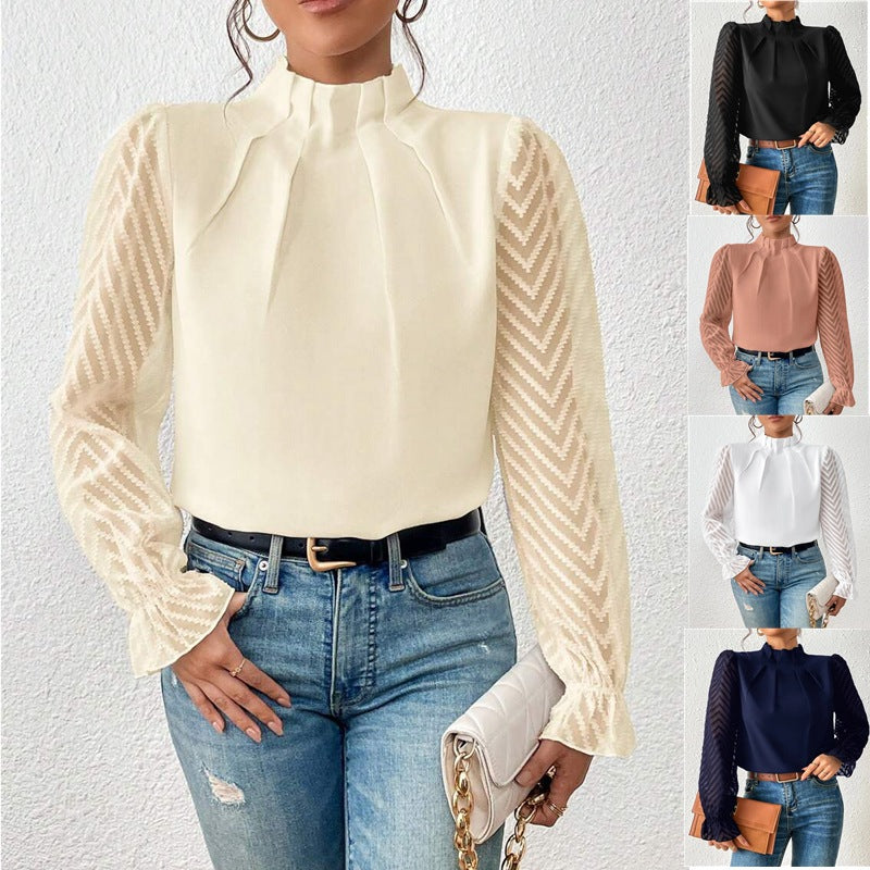 Women's Half-Turtleneck Stitching Wavy Chiffon Long-Sleeved Top