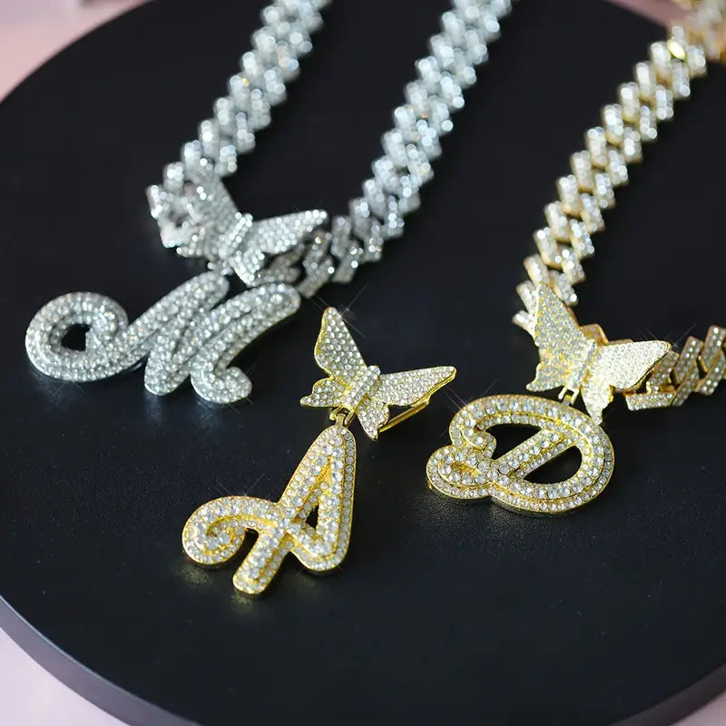 English Letter Alloy Rhinestone Pendant Necklace Butterfly
