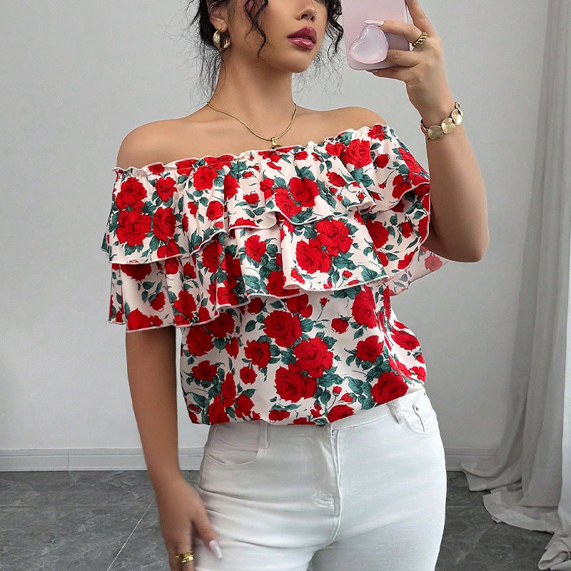 Off-Shoulder Short-Sleeved Shirt Double-Layer Ruffled Women's Clothing