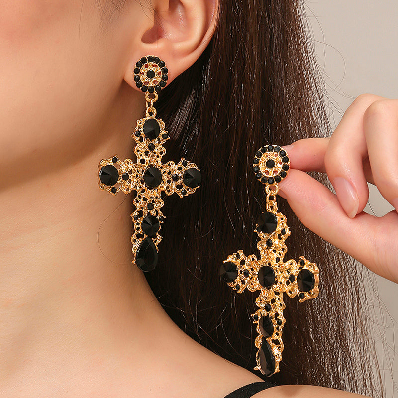 1 Pair Gothic Vintage Black Crystal Cross Drop Earrings, Punk Style Zinc Alloy Jewelry