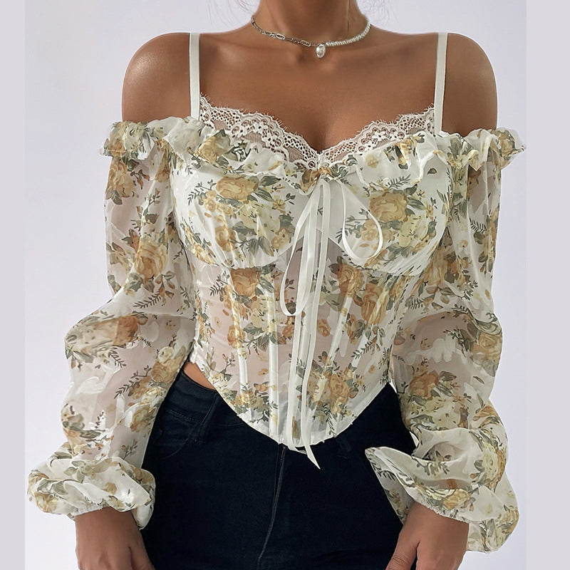 A Figure-Hugging Top With A Floral Print, Featuring A Fishbone Design