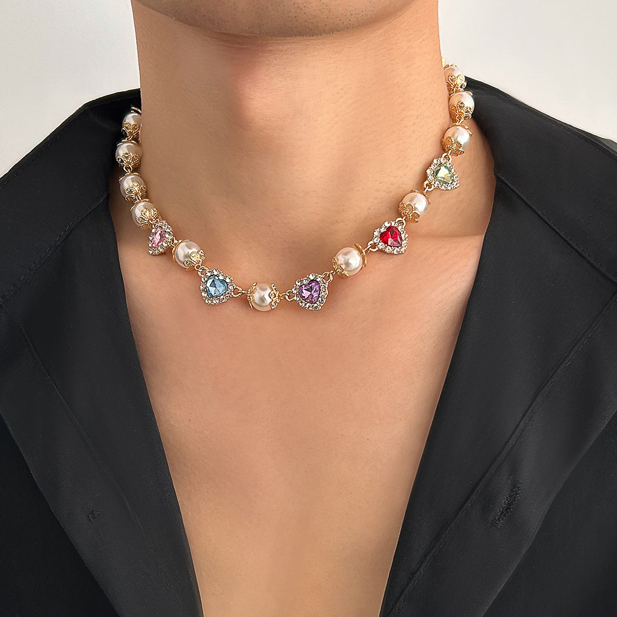 Colorful Crystals Love Pearl Stitching Necklace