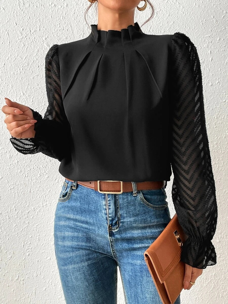 Women's Half-Turtleneck Stitching Wavy Chiffon Long-Sleeved Top