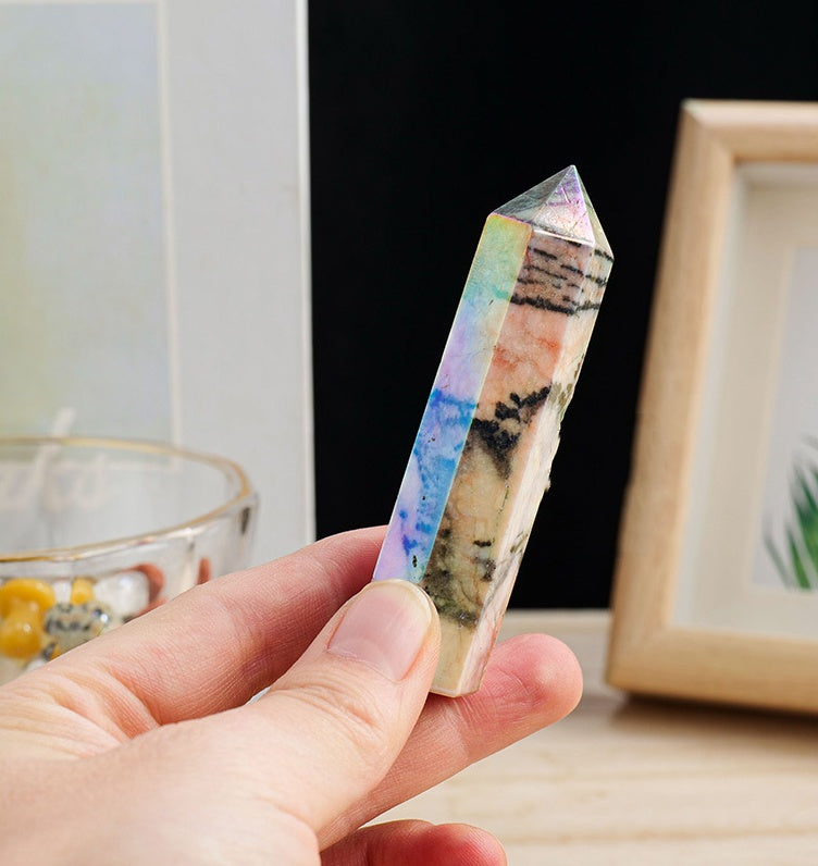 Natural Crystal Electroplated Zebra Stone Hexagonal Prism