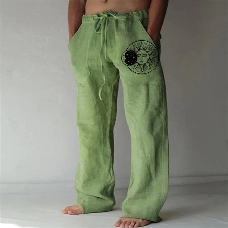Printed Cotton And Linen Loose Casual Drawstring Trousers