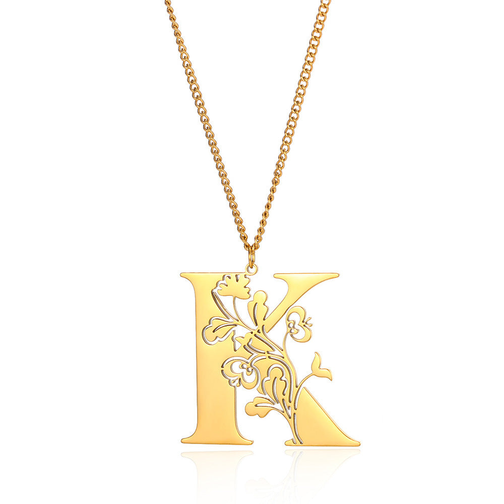 Stainless Steel 26 English Flower Letter Necklace