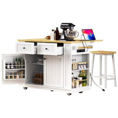 Large Kitchen Island With 2 Bar Stools, Power Outlet, Door Internal Storage Rack, Kitchen Storage Cart On 5 Wheels With Drop Leaf, 5 Open Side Racks, 2 Drawers,for Kitchen,Dining Room