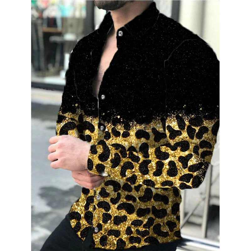 Men's Lapel Button Down Casual Print Long Sleeve Top