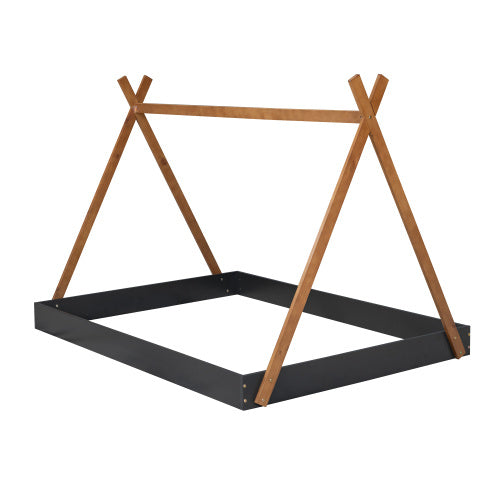 Full Size Tent Floor Bed With Triangle Structure, Black Brown