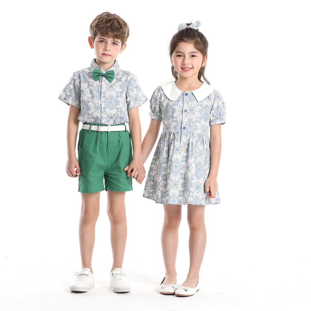 Seaside Holiday Brother And Sister Girl Dress Boy's Clothing Short Sleeve Sister And Brother Fashion